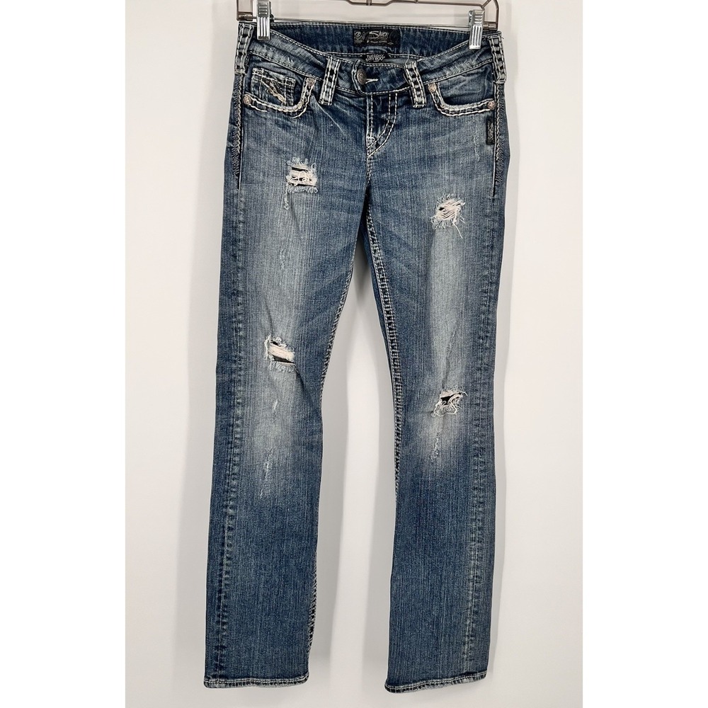 Silver Jeans Womens 26x31 Blue Mid Slim Distressed Boot Stretch Denim Faded